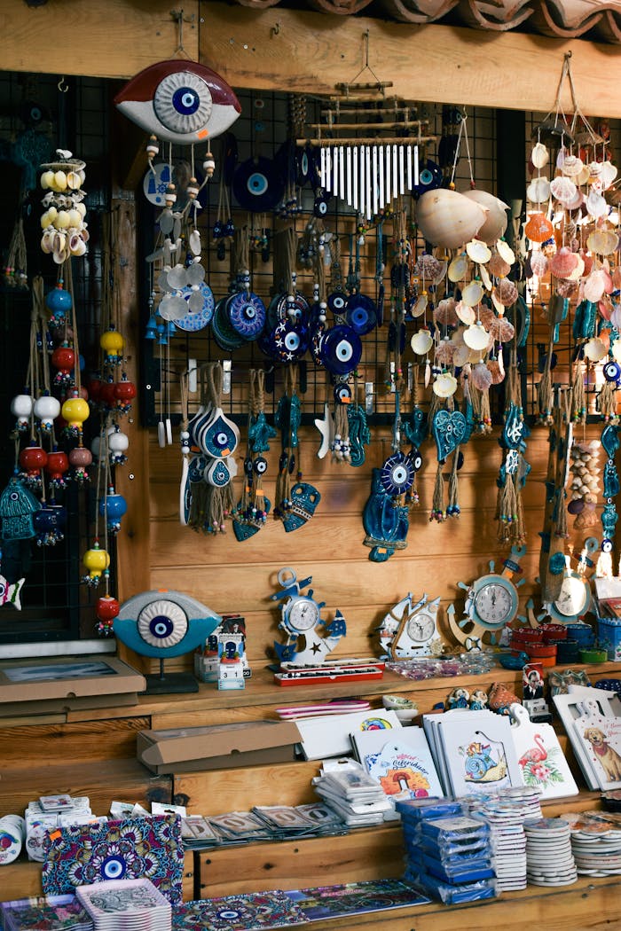 Vibrant display of assorted decorative items, ideal for home decor and gifts, featuring talismans and ornaments.