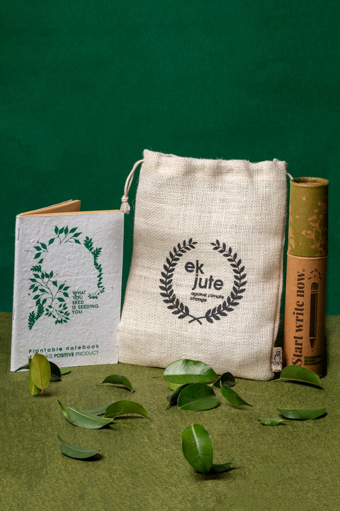 hero-img-02 Eco-friendly jute bag, notebook, and leaves on green background.
